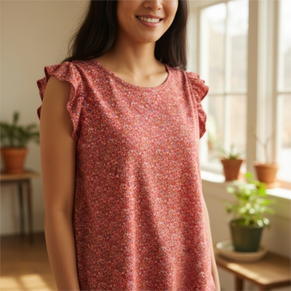 Elegant Red Floral Sleeveless Blouse Boho Office Flowy Feminine Xl Plus